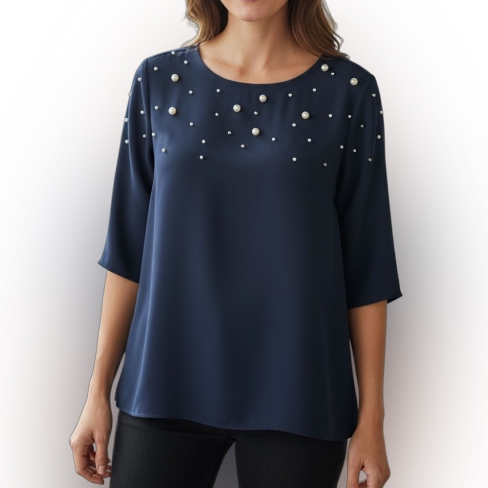 Ann Taylor Navy Pearl Embellished Blouse - Size M